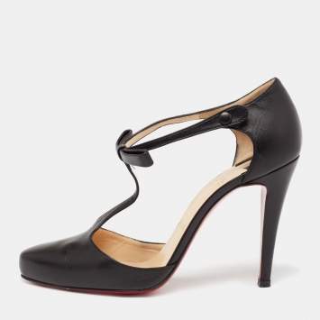 Pre Owned Christian Louboutin Black Leather Bow Detail T- Strap Pumps Size 38.5