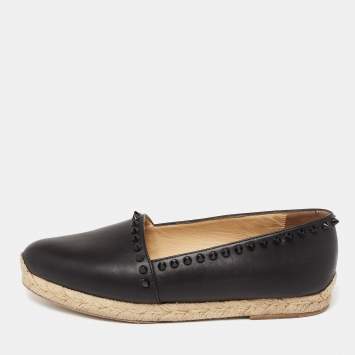 Pre Owned Christian Louboutin Black Leather Melides Spike Trim Flat Espadrilles Size 38
