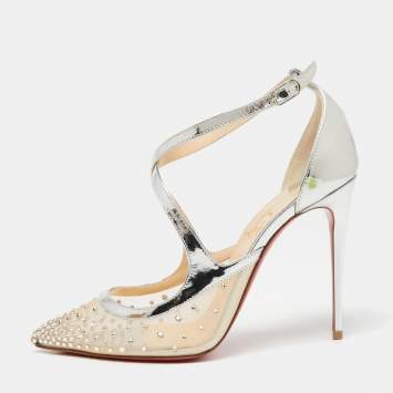 Pre Owned Christian Louboutin Metallic Silver Mesh And Patent Leather Twistissima Strass Sandals Size 36