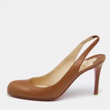 Pre Owned Christian Louboutin Brown Leather Round-Toe Slingback Pumps Size 38