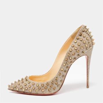 Pre Owned Christian Louboutin Light Gold Lurex Fabric Pigalle Follies Spikes Pumps Size 38.5