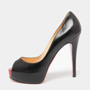 Pre Owned Christian Louboutin Black Leather Very Prive Peep-Toe Pumps Size 37 