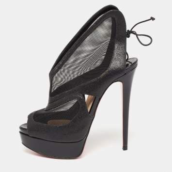 Pre Owned Christian Louboutin Black Glitter and Mesh Farfamesh Ankle Booties Size 36