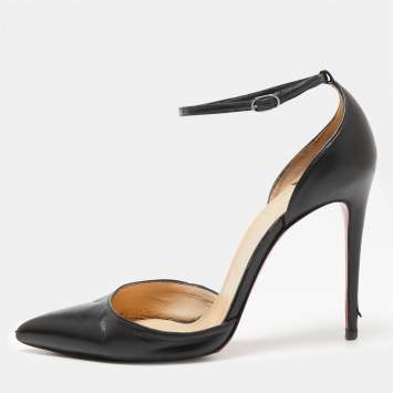 Pre Owned Christian Louboutin Black Leather Halte Ankle-Strap Pumps Size 38.5