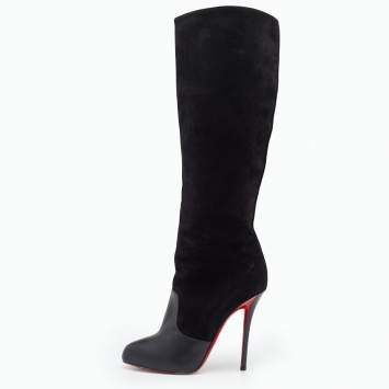 Pre Owned Christian Louboutin Black Suede and Leather Knee Length Boots Size 39