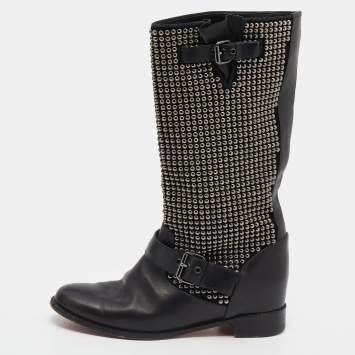 Pre Owned Christian Louboutin Black Leather Studded Buckle Detail Mid Calf Boots Size 38