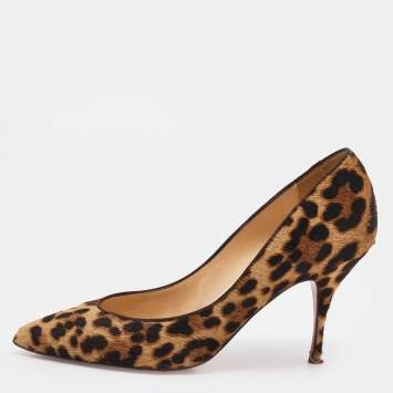 Pre Owned Christian Louboutin Brown Leopard Print Calf Hair Pointed Toe Pumps Size 39.5