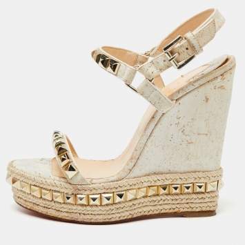 Pre Owned Christian Louboutin White/Light Gold Leather Cataclou Wedge Sandals Size 38