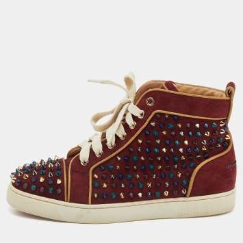 Pre Owned Christian Louboutin Burgundy Suede Louis Spikes High Top Sneakers Size 37.5