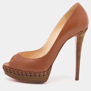 Pre Owned Christian Louboutin Brown Leather Lady Indiana Peep Toe Platform Pumps Size 39