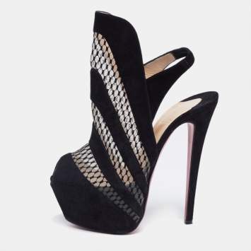 Pre Owned Christian Louboutin Black Suede and Mesh Guizi Platform Ankle Booties Size 38