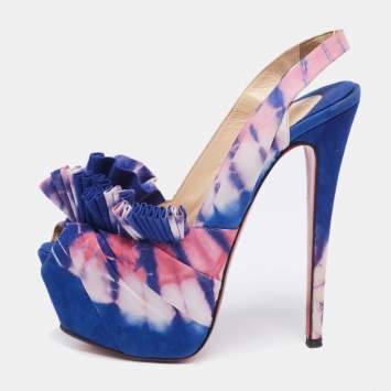 Pre Owned Christian Louboutin Blue/Pink Tie and Dye Fabric High BouBou Bazin Slingback Sandals Size 38