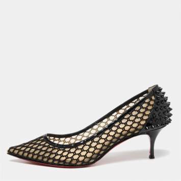 Pre Owned Christian Louboutin Black Mesh and Patent Leather Spike Guni Pumps Size 39.5