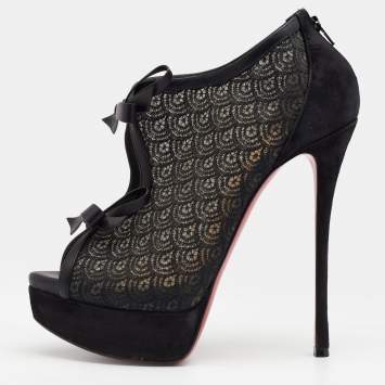 Christian Louboutin Black Suede, Lace and Mesh Empiralta Bow Open Toe Ankle Booties Size 37