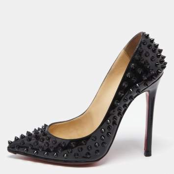 Pre Owned Christian Louboutin Black Patent Leather Follies Spikes Pointed Toe Pumps Size 38.5