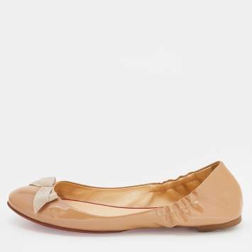 Pre Owned Christian Louboutin Beige Patent Leather Air Loubi Bow Ballet Flats Size 40.5