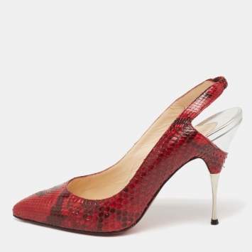 Pre Owned Christian Louboutin Red/Black Python Leather Slingback Pumps Size 38.5