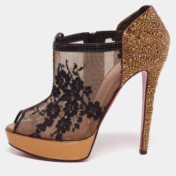 Pre Owned Christian Louboutin Black/Gold Lace Bridget Strass Peep-Toe Booties Size 38