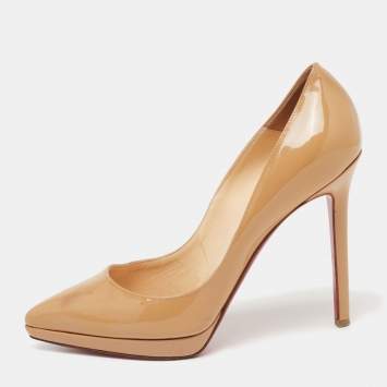 Pre Owned Christian Louboutin Beige Patent Leather Pointed Toe Pumps Size 37.5