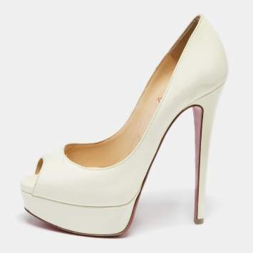 Pre Owned Christian Louboutin Off-White Patent Leather Lady Peep-Toe Platform Pumps Size 36.5
