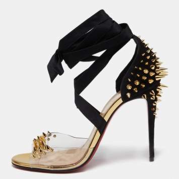 Pre Owned Christian Louboutin Black Suede and PVC Barbarissima Spike Wrap Sandals Size 38.5