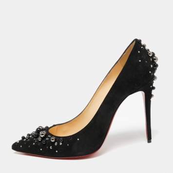 Pre Owned Christian Louboutin Black Suede Candidate Embellished Pointed Toe Pumps Size 38