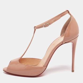 Pre Owned Christian Louboutin Beige Patent Leather Senora Peep-Toe Sandals Size 37.5