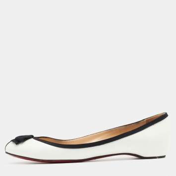 Pre Owned Christian Louboutin White/Black Patent Balinodono Bow Ballet Flats Size 36.5