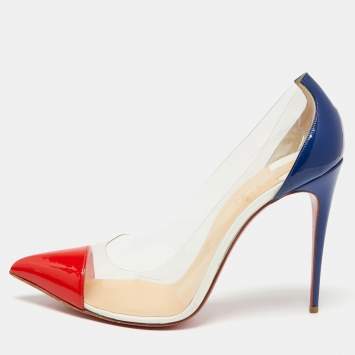 Pre Owned Christian Louboutin Red/Blue Patent Leather and PVC Debout Pumps Size 41