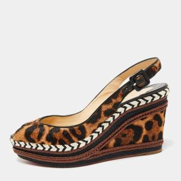 Pre Owned Christian Louboutin Beige/Brown Leopard Print Calf Hair Peep-Toe Wedge Slingback Pumps Size 40
