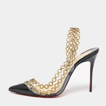 Pre Owned Christian Louboutin Black Patent Leather and PVC Malaika Chain Slingback Pumps Size 40