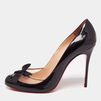 Pre Owned Christian Louboutin Black Patent Leather and Mesh 'Love Me' Bow Pumps Size 40.5