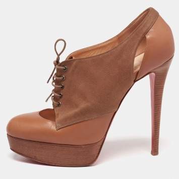 Pre Owned Christian Louboutin Tan/Brown Leather and Canvas Lace-Up Ankle Booties Size 39.5