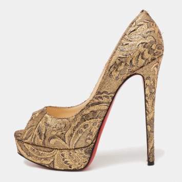 Pre Owned Christian Louboutin Gold Brocade Fabric Lady Peep-Toe Platform Pumps Size 38
