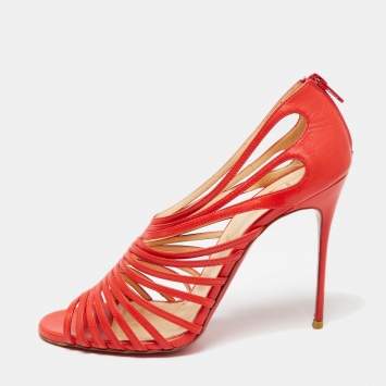 Pre Owned Christian Louboutin Red Leather Strappy Open Pumps Size 41