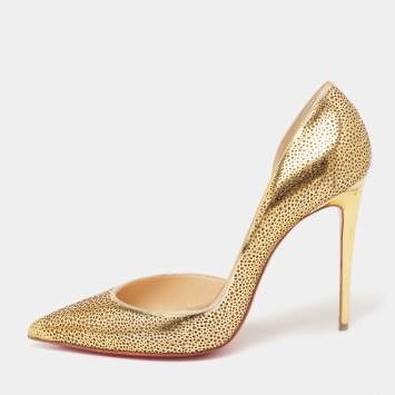 Pre Owned Christian Louboutin Gold Laser Cut Leather and Glitter Galu D'orsay Pumps Size 41