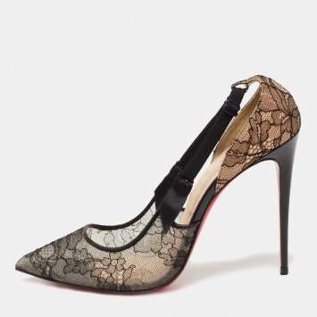 Pre Owned Christian Louboutin Black Lace Hot Jeanbi Slingback Pumps Size 41.5
