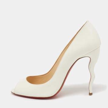 Pre Owned Christian Louboutin White Patent Leather Jolly Wavy Peep-Toe Pumps Size 37