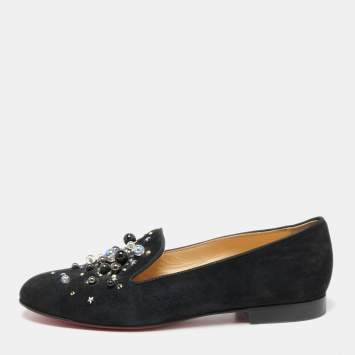 Pre Owned Christian Louboutin Black Suede Candy Studded Smoking Slippers Size 36