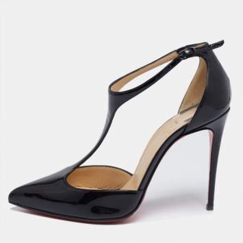 Pre Owned Christian Louboutin Black Patent Leather J String T-Strap Pumps Size 35
