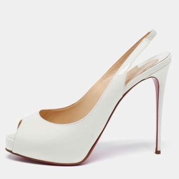 Pre Owned Christian Louboutin Off-White Patent Leather Private Number Slingback Sandals Size 38.5