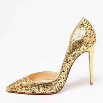 Pre Owned Christian Louboutin Gold Laser Cut Leather and Glitter Galu D'orsay Pumps Size 37