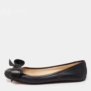 Pre Owned Christian Louboutin Black Leather Bow Detail Ballet Flats Size 35.5