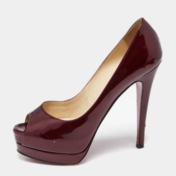 Pre Owned Christian Louboutin Burgundy Patent Leather Altadama Platform Peep Toe Pumps Size 36.5