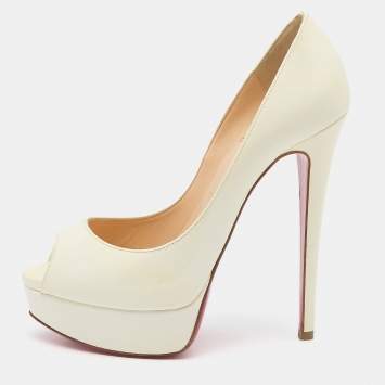 Pre Owned Christian Louboutin Off White Patent Leather Lady Peep Toe Platform Pumps Size 37.5