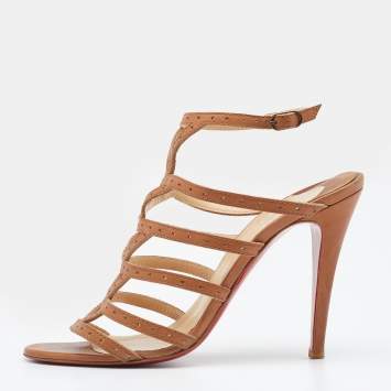Pre Owned Christian Louboutin Beige Leather Strappy Ankle Strap Sandals Size 38.5