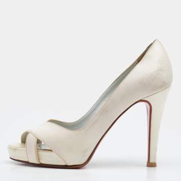 Pre Owned Christian Louboutin Off White Satin Shelley Peep-Toe Pumps Size 36