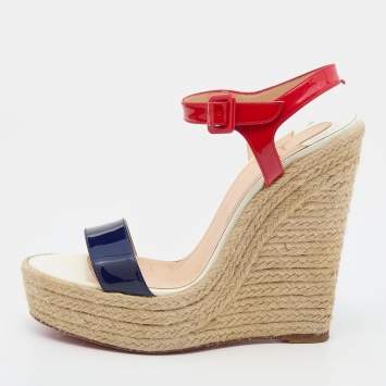 Pre Owned Christian Louboutin Red/Blue Patent Leather Spachica Wedge Sandals Size 40