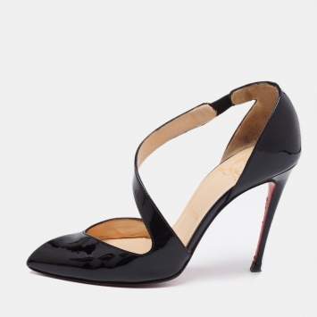 Pre Owned Christian Louboutin Black Patent Leather Opgrade Cross Strap Pumps Size 35