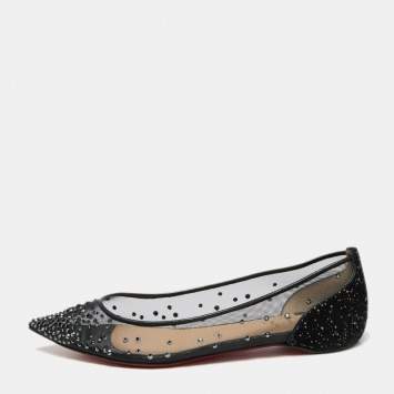 Pre Owned Christian Louboutin Black Mesh and Studded Suede Follies Strass Ballet Flats Size 37.5 